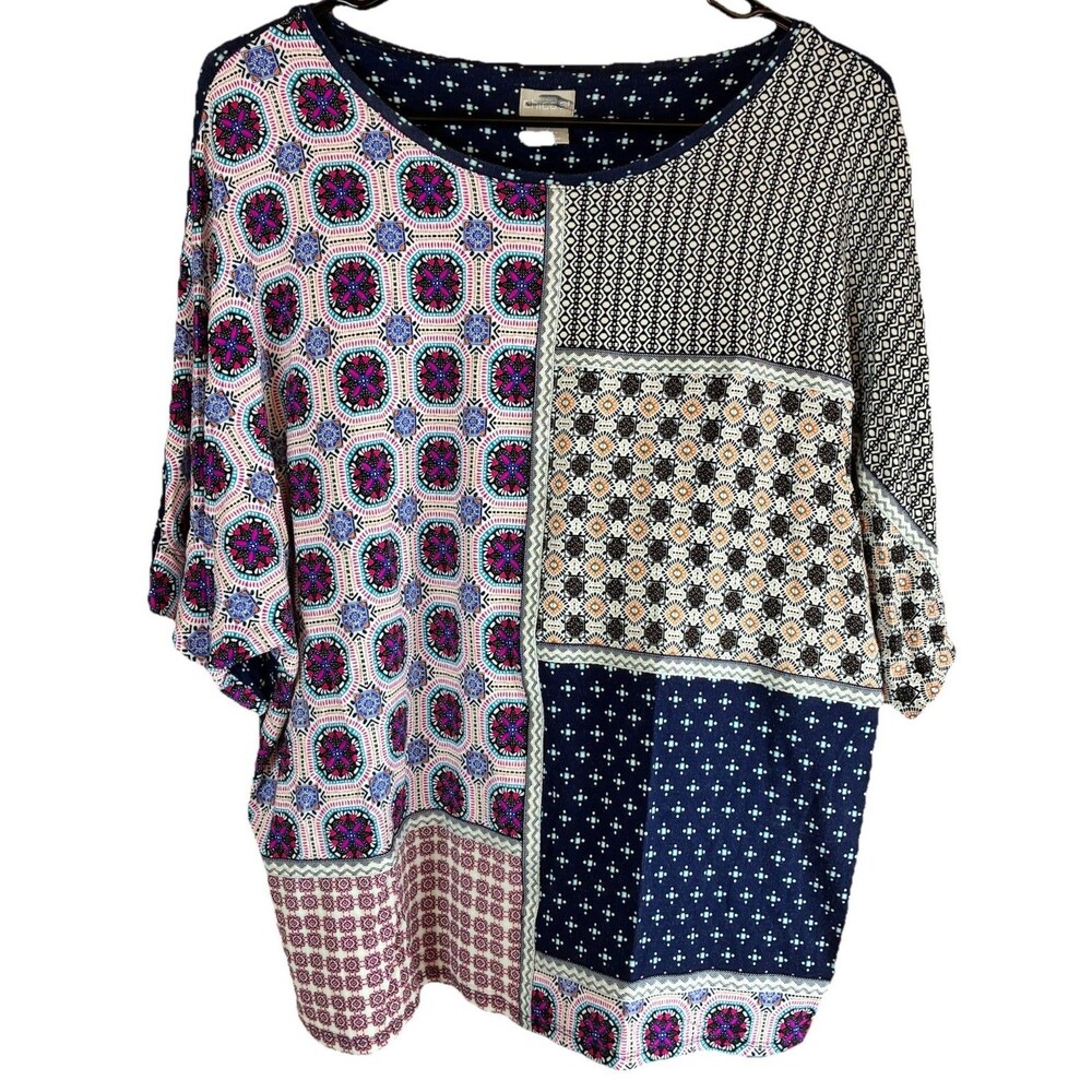 Chico's Patchwork Pullover Top Short Dolman Sleeves Multicolor-Size 2 (Large)